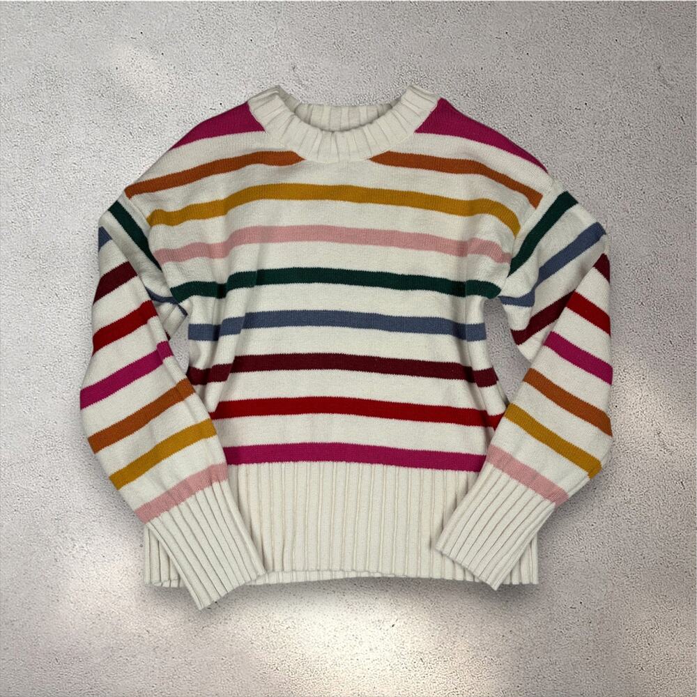 GAP Rainbow Knit Crewneck Sweater Women's L Multi Relaxed Cozy Grannycore Autumn